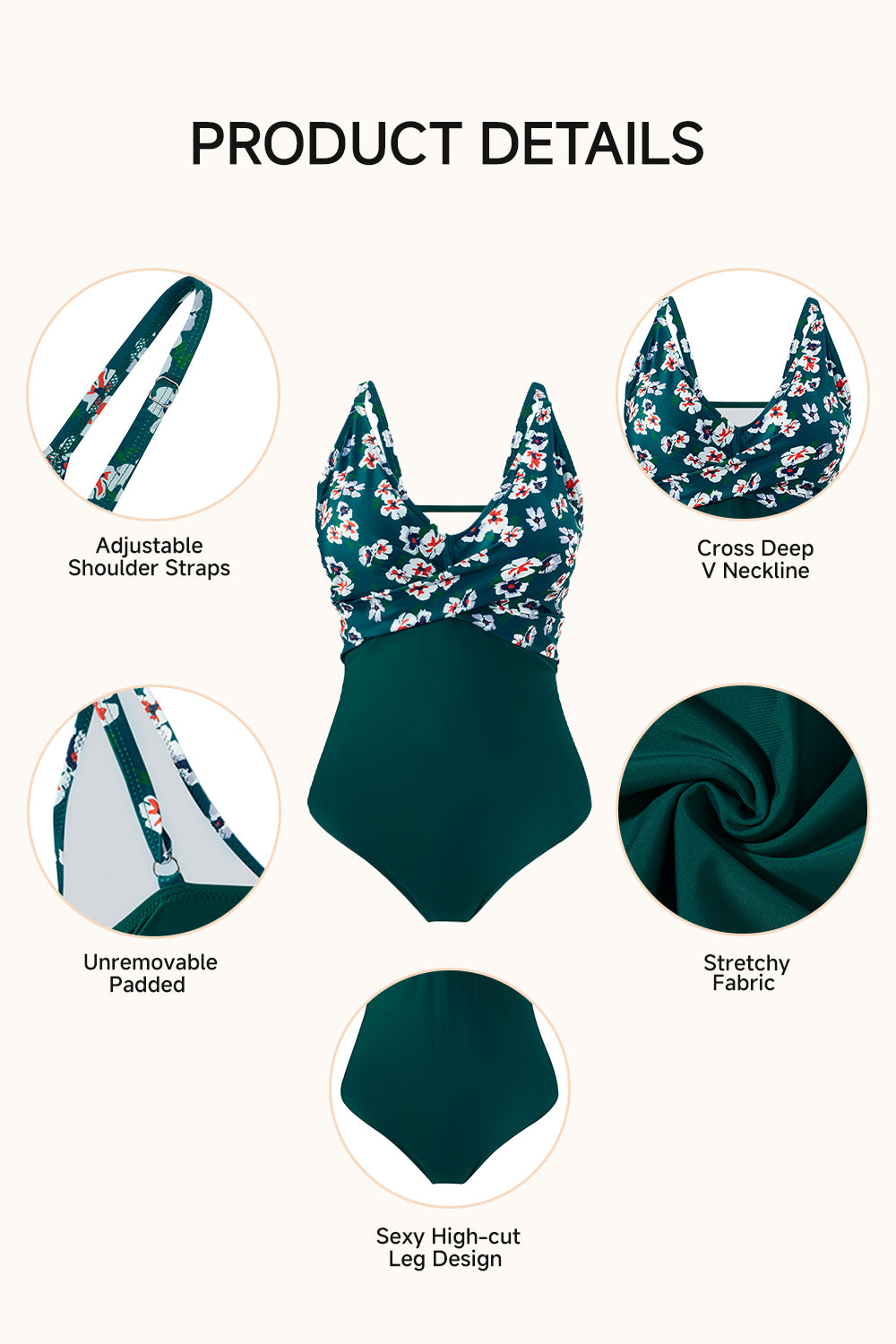 One - piece V - neck swimsuit in turquoise with floral patterns