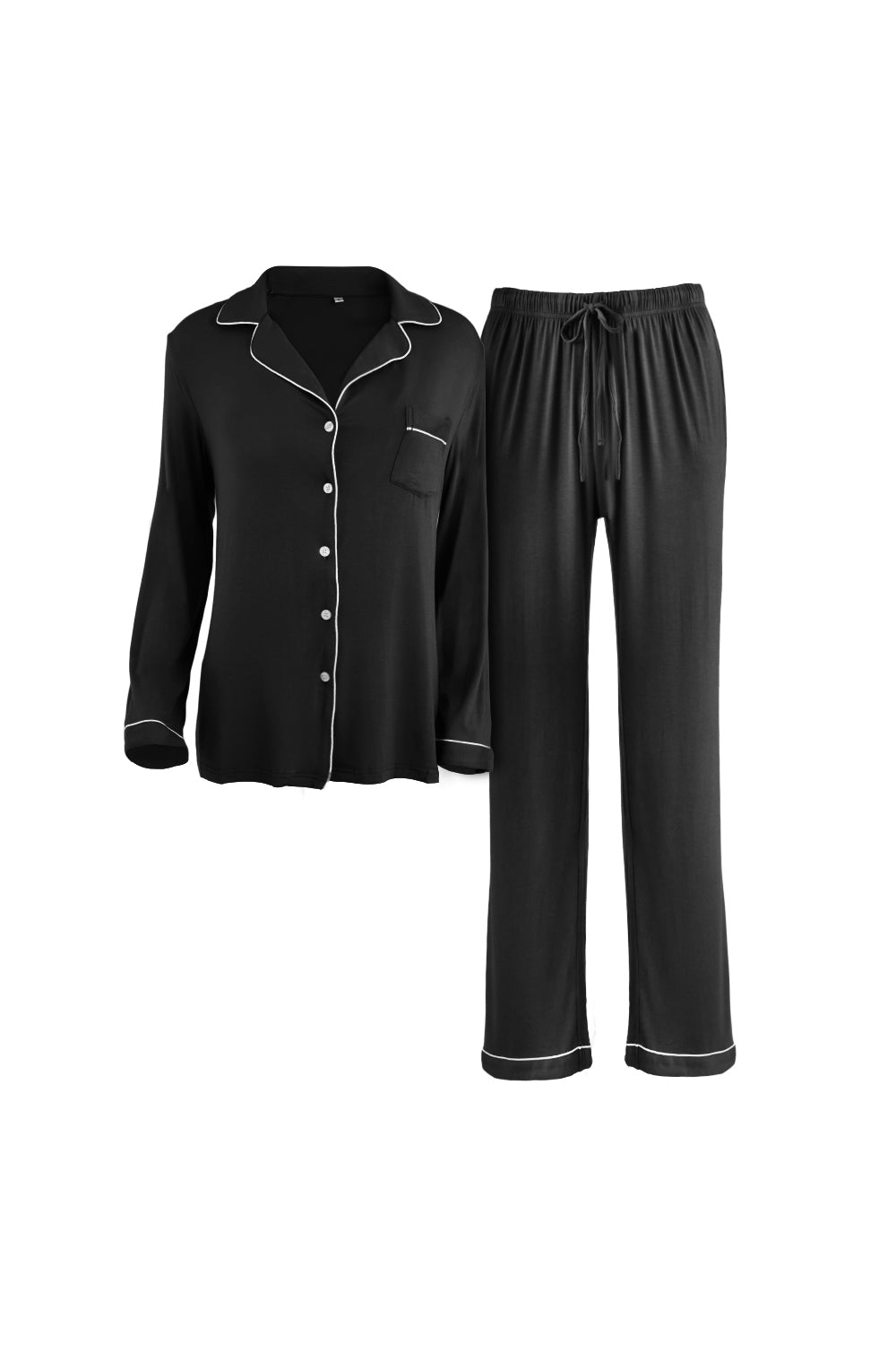 Long - Sleeved Top and Trousers Pajama Set with Open - Collar and Button - Front Design