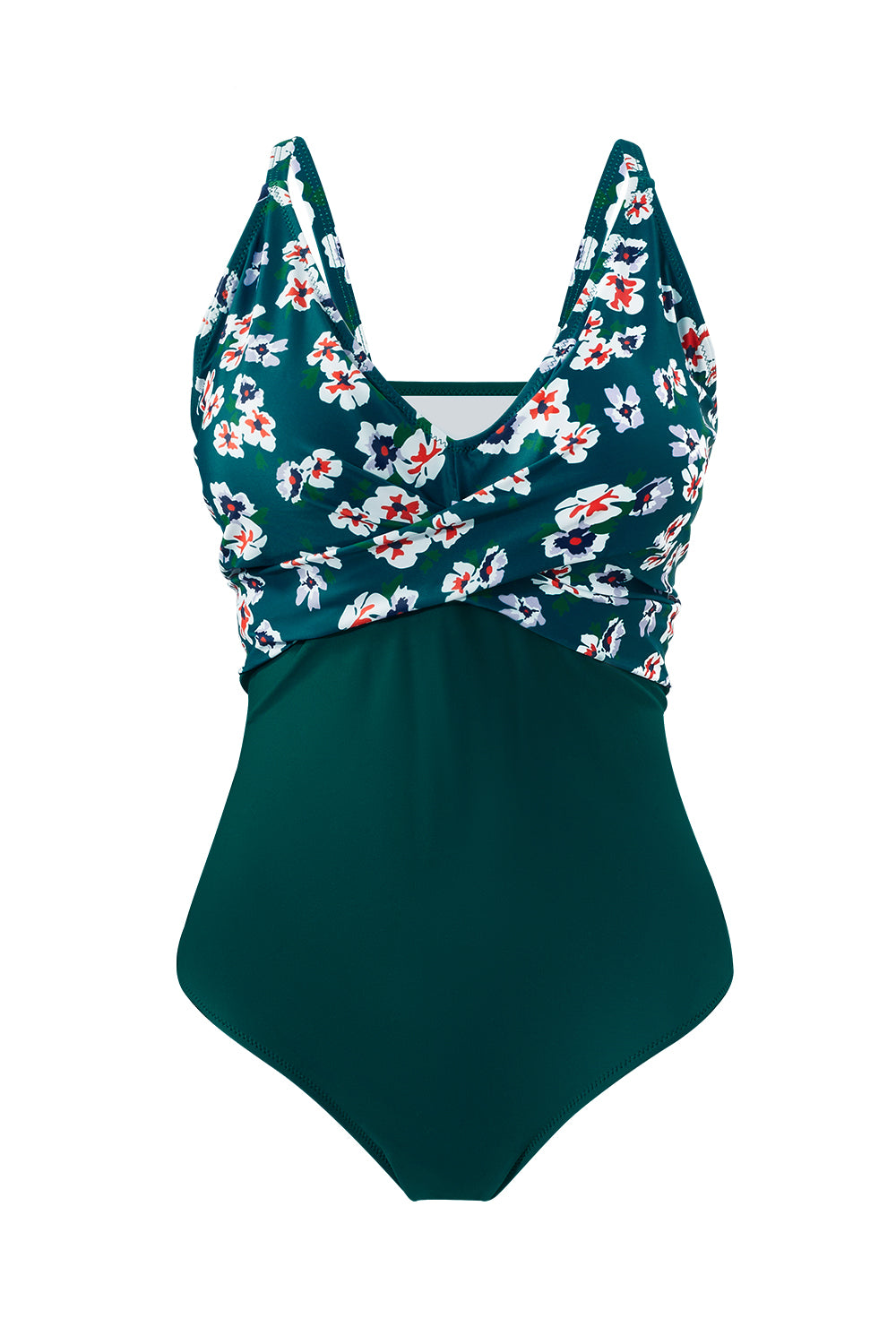 One - piece V - neck swimsuit in turquoise with floral patterns