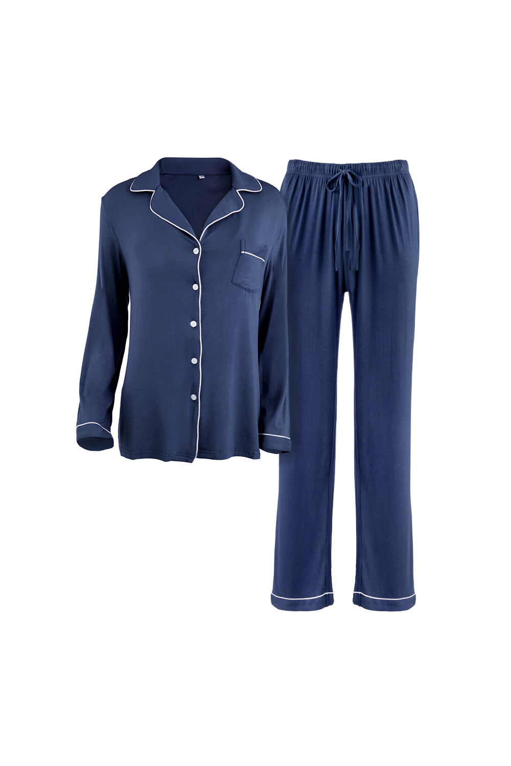 Long - Sleeved Top and Trousers Pajama Set with Open - Collar and Button - Front Design