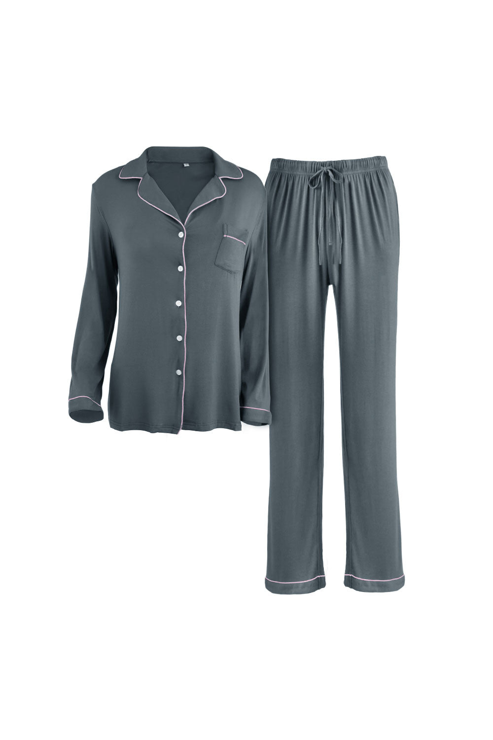 Long - Sleeved Top and Trousers Pajama Set with Open - Collar and Button - Front Design