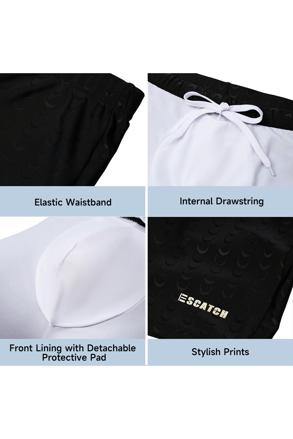 Men's Boxer Swim Shorts with Black Sharkskin Print