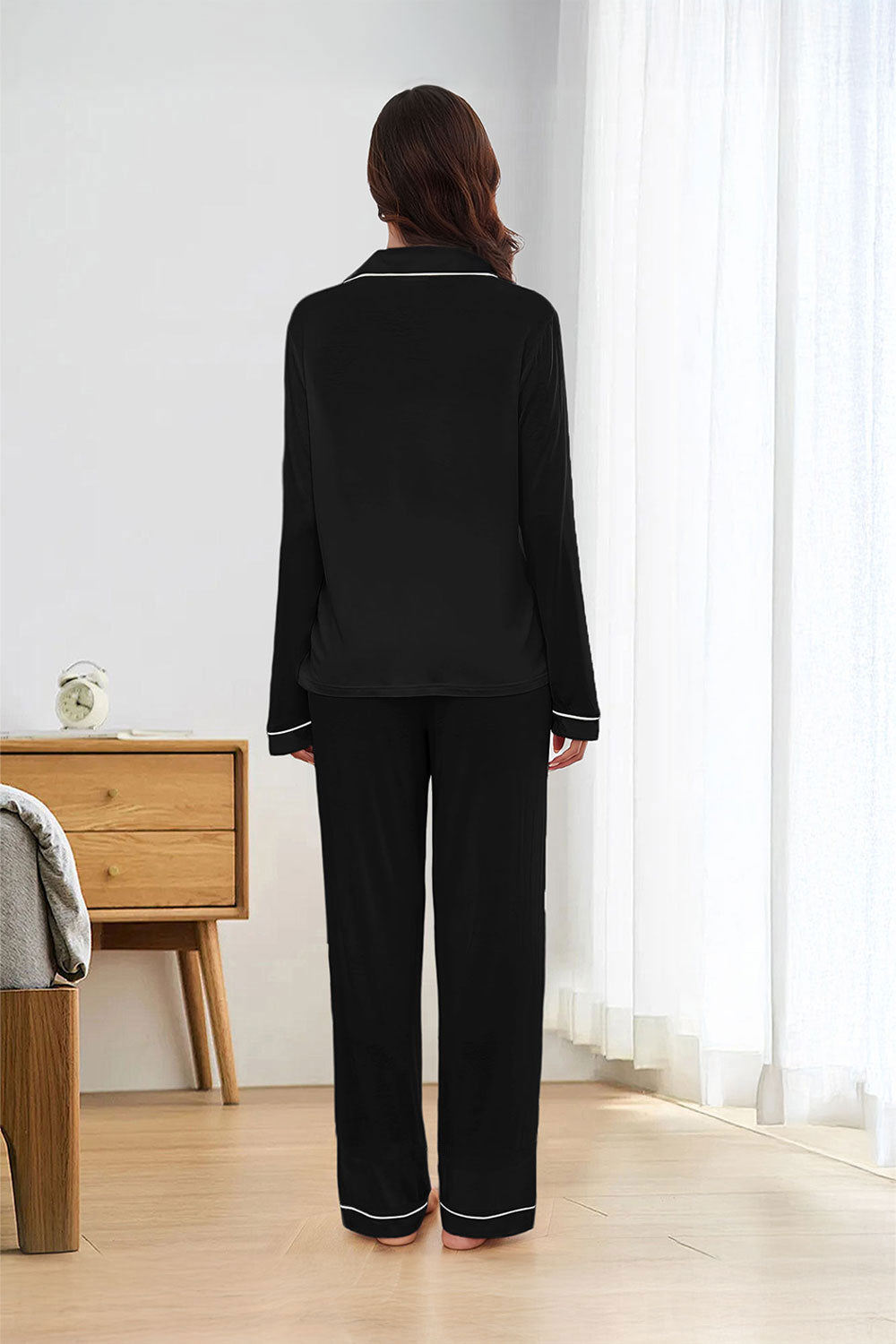 Long - Sleeved Top and Trousers Pajama Set with Open - Collar and Button - Front Design