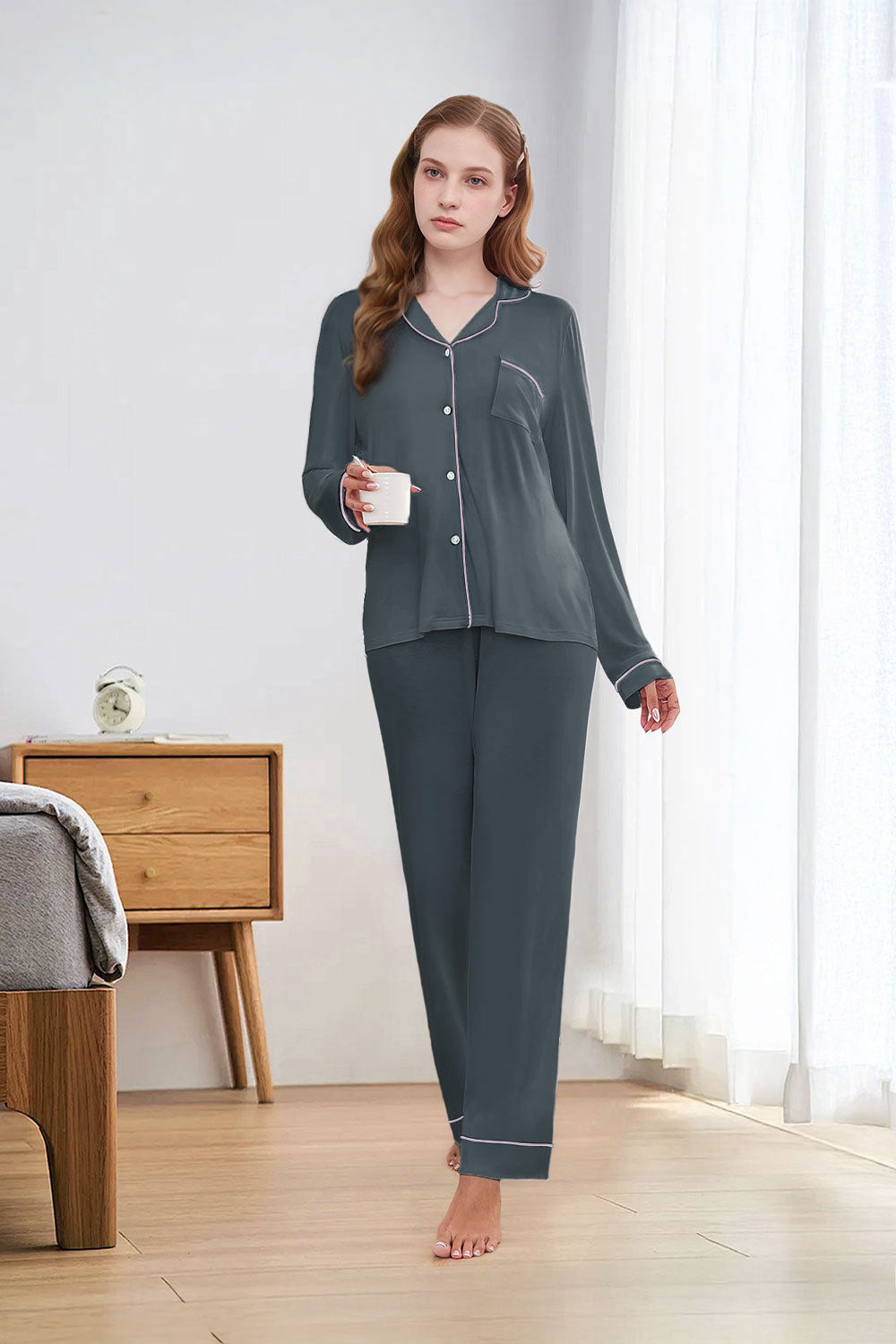 Long - Sleeved Top and Trousers Pajama Set with Open - Collar and Button - Front Design
