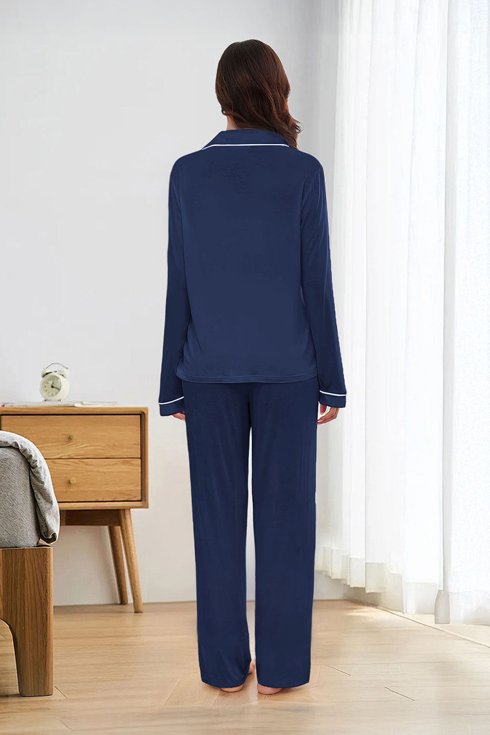 Long - Sleeved Top and Trousers Pajama Set with Open - Collar and Button - Front Design
