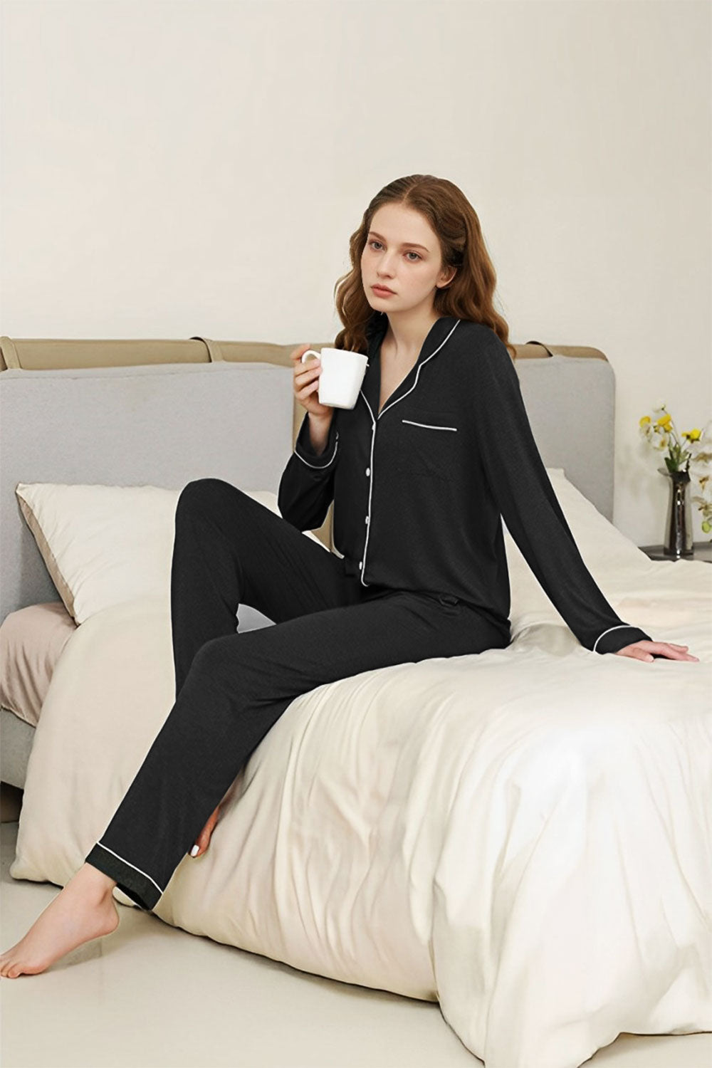 Long - Sleeved Top and Trousers Pajama Set with Open - Collar and Button - Front Design