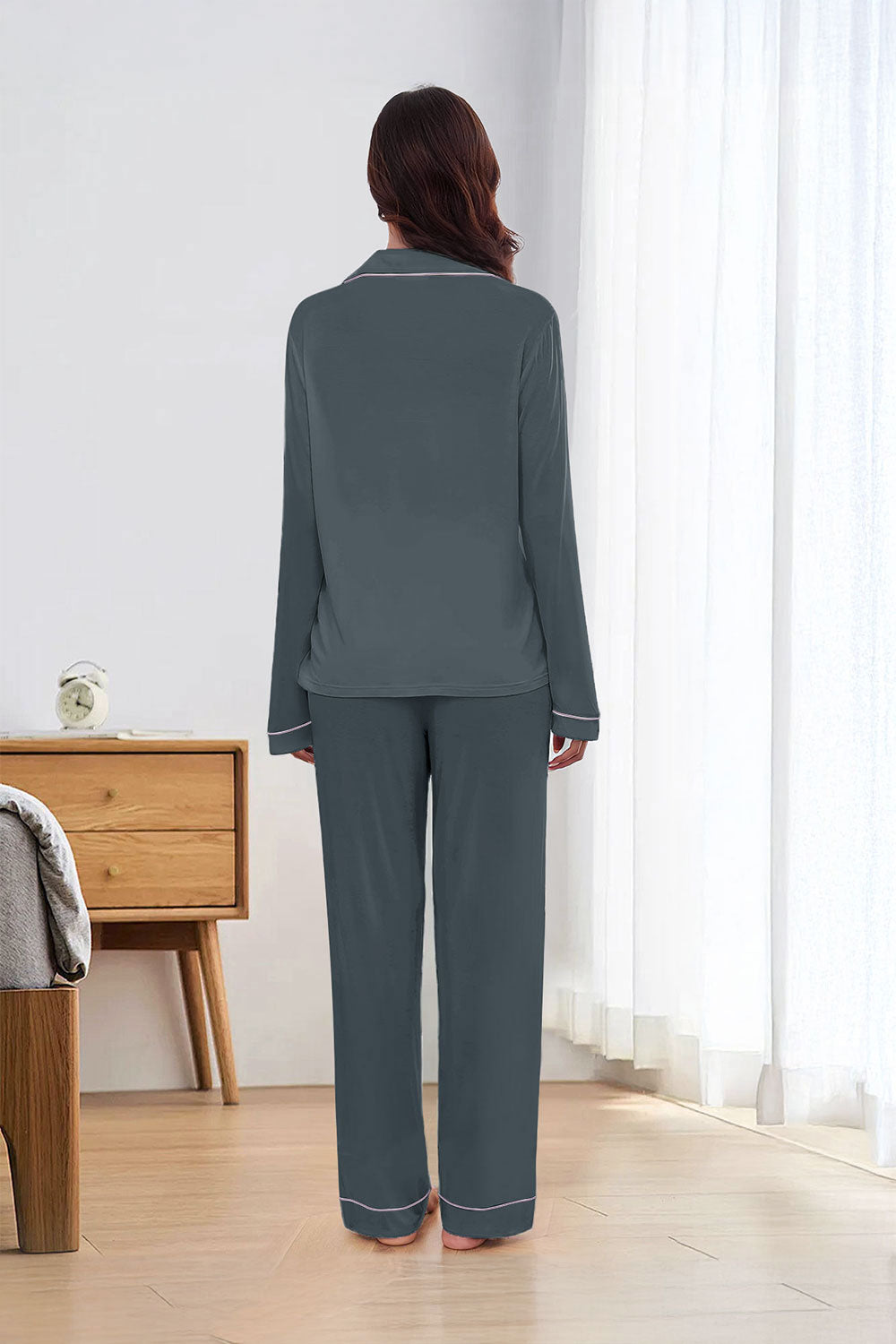Long - Sleeved Top and Trousers Pajama Set with Open - Collar and Button - Front Design
