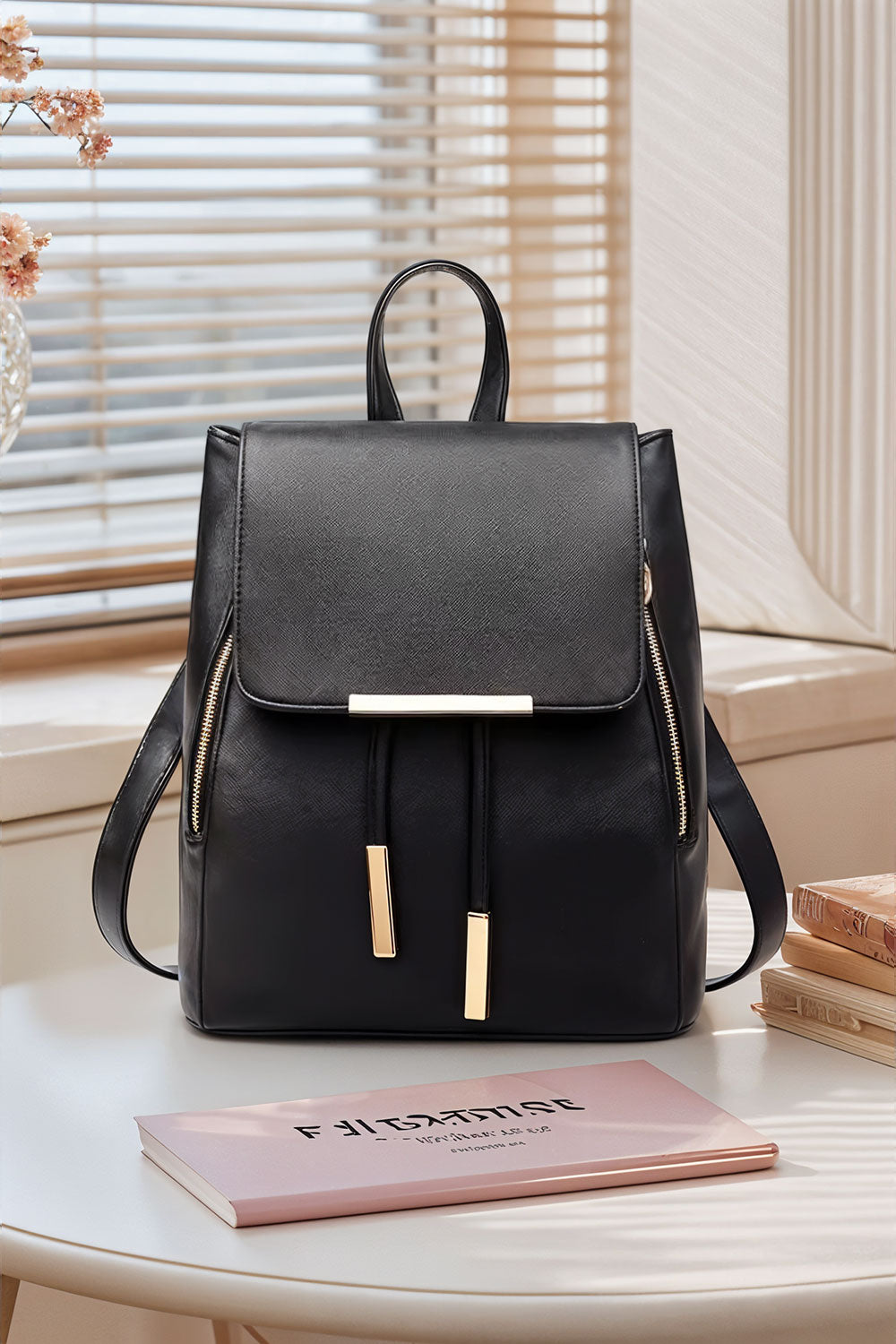 Black College-style Backpacks Made of PU Leather